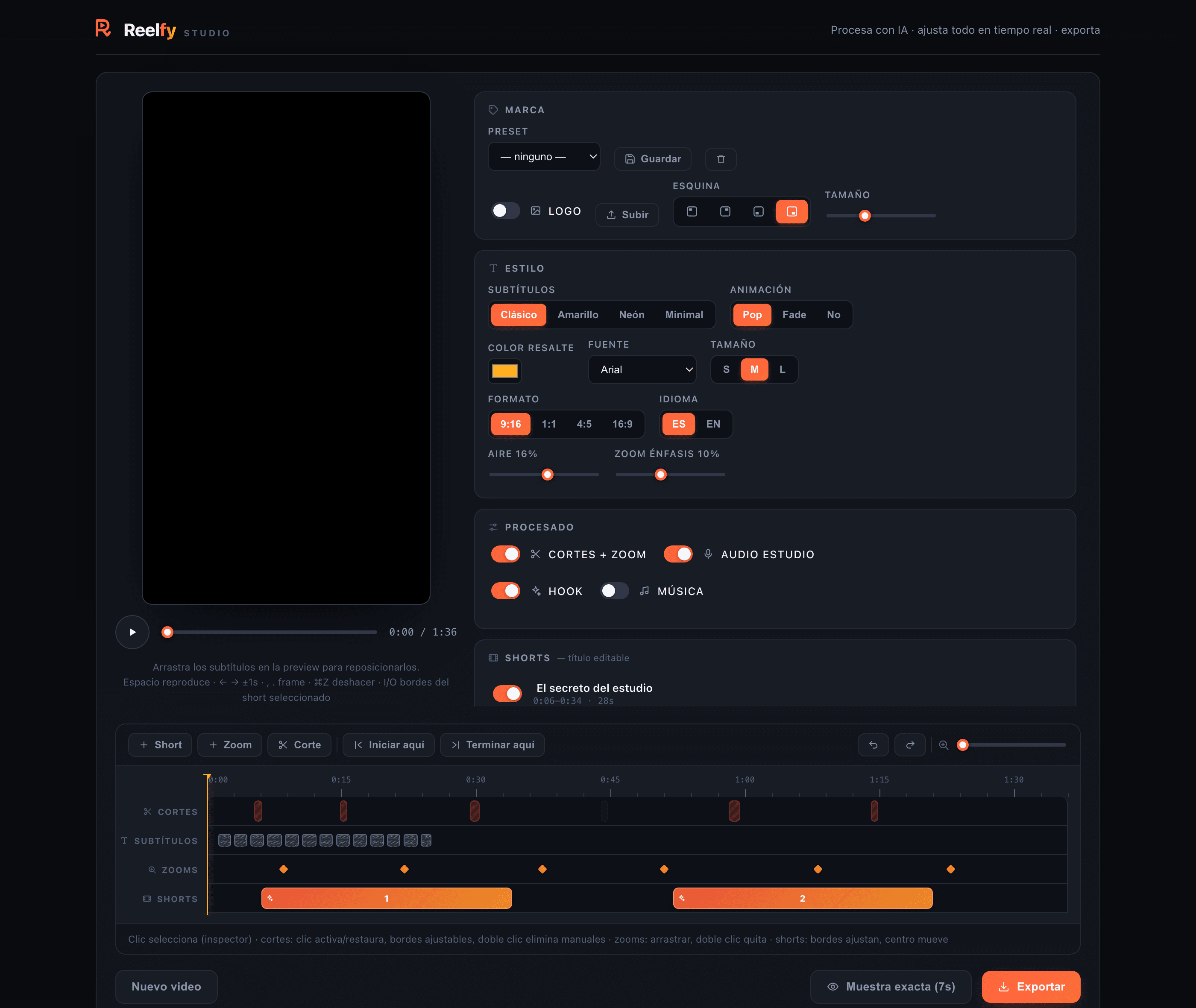 Reelfy Studio: editor con preview en tiempo real, timeline multi-pista con cortes, subtítulos, zooms y shorts